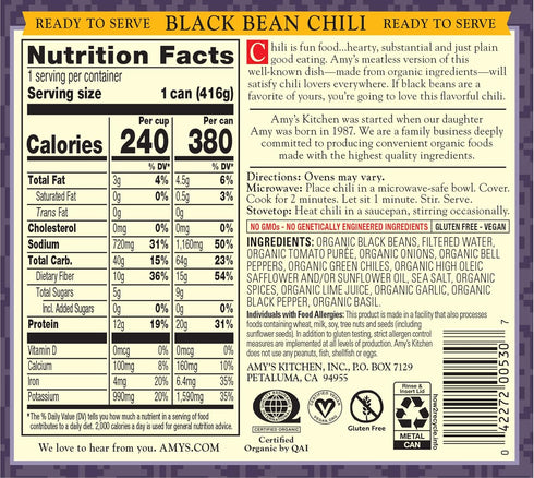 14.7 Oz (6 Pack) Amy's Chili, Black Bean, Medium Spice, Gluten Free & Organic Vegetarian Chili, Low Fat