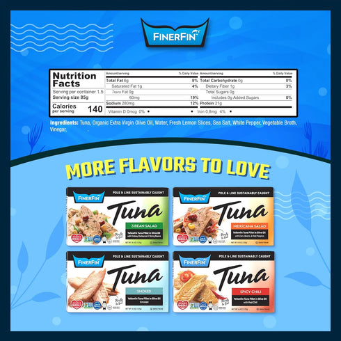 4.4 oz FinerFin Premium Zesty Lemon Yellowfin Tuna Fillets in Organic Extra Virgin Olive Oil, | Hand Cut | Gourmet