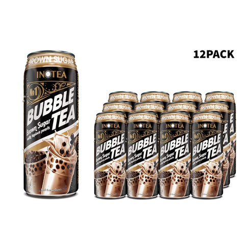 (Pack 12) (16.6oz/can). of INOTEA Bubble Tea Brown Sugar Flavor. Ready to Drink in a Can Black Milk Tea with Boba.