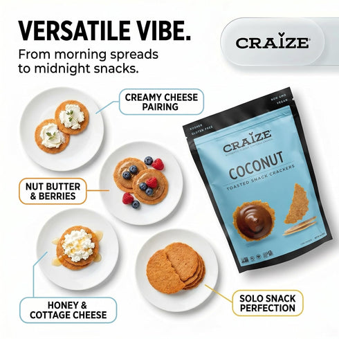 6 pack, 4 oz Craize Coconut Crisps | Gluten Free, Vegan, Kosher, Toasted Corn Crackers | each