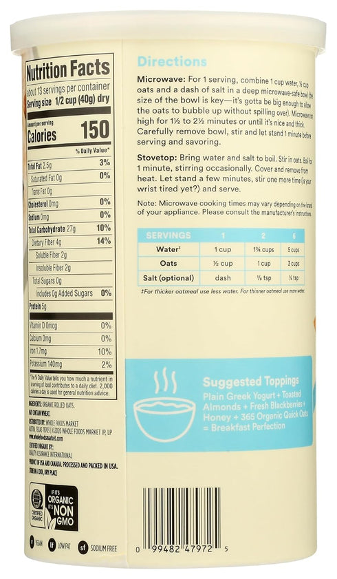 365 by Whole Foods Market 18 , Organic Rolled Quick Oats, Ounce