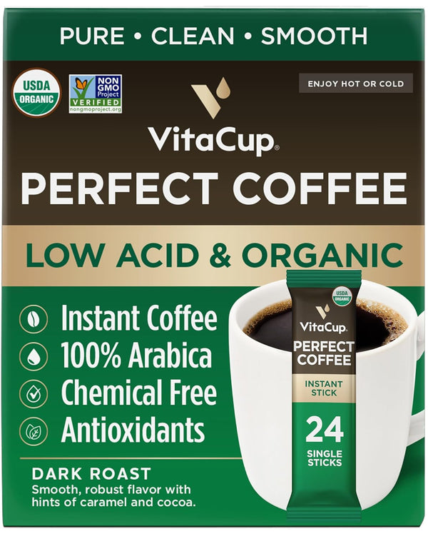 VitaCup Perfect Low Acid Instant Coffee Packets, Dark Roast Coffee, USDA Organic