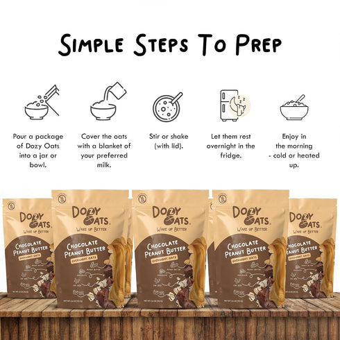 Dozy Packets, Multipack 12-Pack Oats Overnight Oatmeal Chocolate Peanut Butter with Rolled Oats, Chia Seeds, and Date