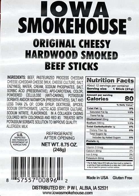 8.75 (12 Iowa Smokehouse Cheesy Beef Sticks Hardwood Hickory Smoked Meat Sticks Ounce Sticks)