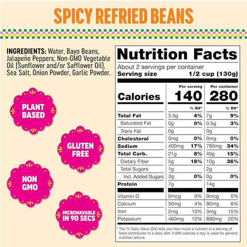 10 oz (Pack 6) SOMOS Spicy Refried Beans - Gluten Free, Non-GMO, Vegan & Microwavable Meals Ready to Eat - Delicious