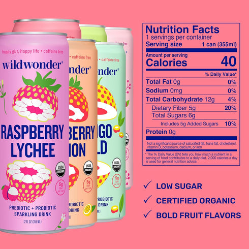 6pk, Immune Pack, 5g 6 Pack, 12oz wildwonder Sparkling Probiotic Drink For Gut Health & Support, Classic Variety