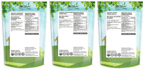 3 Pack (5 LB), (5 LB), (5 LB), Food to Live Organic Pulses Bundle, Whole Green Peas Green Lentils Chickpeas Non-GMO