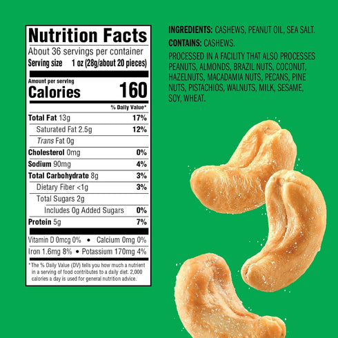 Roasted and Salted Whole Cashews Emerald Nuts (1-Pack), 5oz Resealable Bag, Kosher Certified