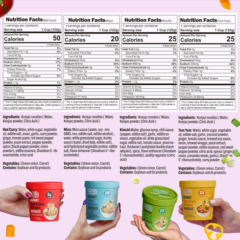 Pack 6 Packs, VOLO VERO Konjac Noodle Variety - Tom Yum, Miso, "Spicy" Kimchi, Red Curry, Gluten Free, Vegan, Low Carb