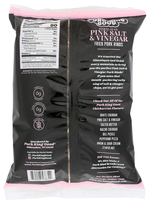 Pork King Good Himalayan Pink Salt & Vinegar Pork Rinds, 7 OZ FAMILY SIZE, Chicharrones - Keto Snacks