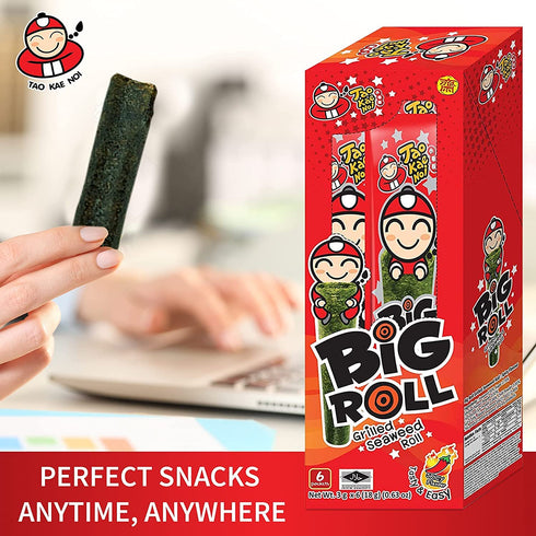 Tao Kae Noi Big Roll Grilled Seaweed Snacks, Spicy Flavor, 6 Pack, 3g Bags, Healthy Nori Rolls