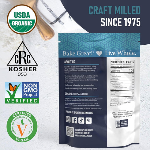 00 5 Great River Milling Organic Pizza Flour | Ultra-Fine Neapolitan Style Flour for Pizza Dough, Bread & Pasta | USDA