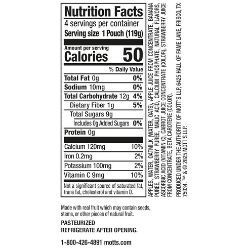 4.2 oz 24 Count (6 Packs 4), Motts Fruit Smoothies Strawberry Banana, Clear Pouches, of Non-dairy, Made With Oatmilk