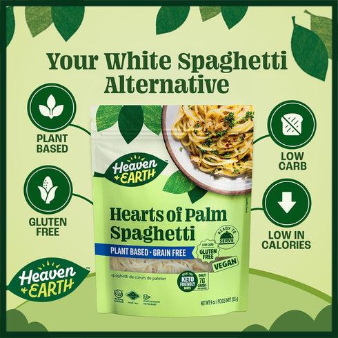9 oz (2 Pack) Gusset Heaven & Earth Hearts of Palm Spaghetti, Ready to Eat | Pouch | Low-Carb, Keto & Paleo Friendly