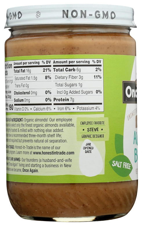 16 oz Once Again Creamy Organic Almond Butter No Sugar, Lightly Toasted - Single Ingredient Nut Butter, No Palm Oil, No
