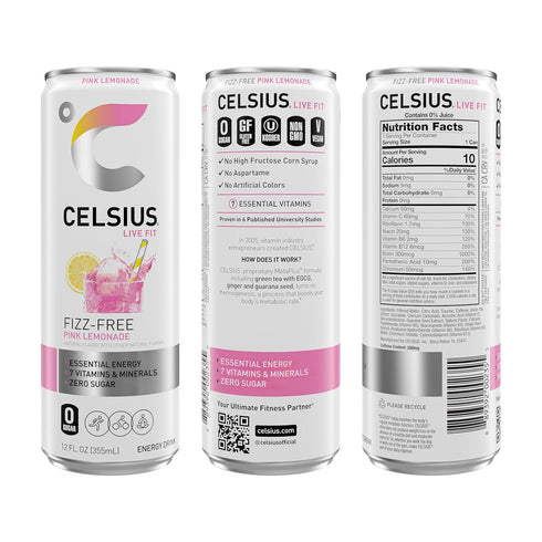 12 Oz (Pack 12) CELSIUS Fizz Free Pink Lemonade, Sugar Free Energy Drink, Fl