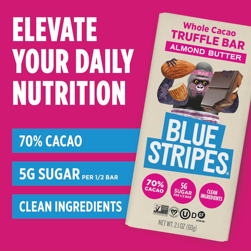 70% 2.1 OZ Blue Stripes - Almond Butter Whole Cacao Truffle Chocolate Bars, Cacao, Almond Butter, Healthy Chocolate