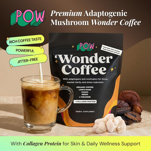 (50 28 POW Wonder Coffee Premium Adaptogenic Mushroom Coffee for Focus & Calm Energy with Lions Mane, Chaga, Reishi