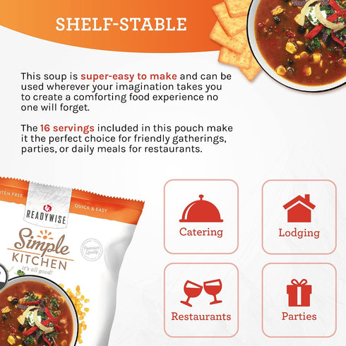 16 1 Pack READYWISE - Simple Kitchen, Chicken Tortilla Soup, Servings, MRE, Gluten Free, Food, Soup Mix, for Events