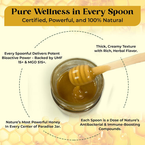 15+ 515+ (250g 8.8oz) Immune Center of Paradise Raw Manuka Honey Certified UMF | MGO / Glass Jar - Pure & Natural New