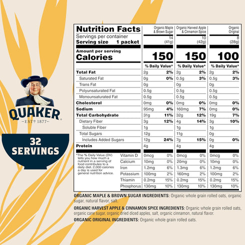 3 Pack, Packets, 32 Count (Pack 1) QUAKER Instant Oatmeal, USDA Organic, Non-GMO Project Verified, Flavor Variety