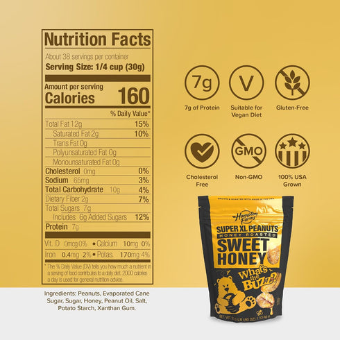 40 oz 2-Pack Hampton Farms - Super Extra-Large Sweet Honey Roasted Peanuts Resealable Bag - Crunchy Glazed Snack
