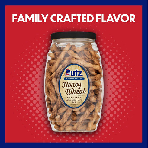 24 oz (2 Count) Utz Braided Honey Wheat Pretzel Twists Barrel Sweet Honey Taste, Thick, Crunchy Pretzel Twists, Perfect