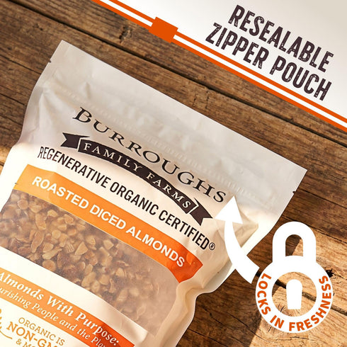 2.5lb Burroughs Family Farms USDA Organic Roasted and Diced Almonds First Regenerative Organic Certified Farm Unsalted