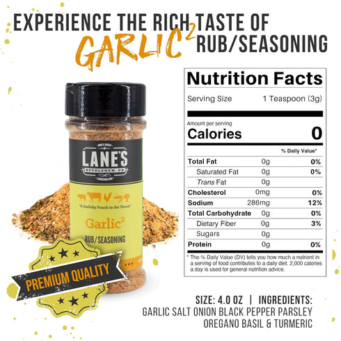 4 Oz, Lane's Garlic Seasoning Blend, Garlic and Herb Seasoning with Salt, Onion, Black Pepper, & Turmeric. All Purpose