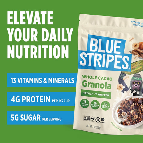 4g 7 oz Blue Stripes Whole Cacao Granola - Gluten Free Dark Chocolate Granola for Cereal, Oatmeal, Yogurt, Protein Per