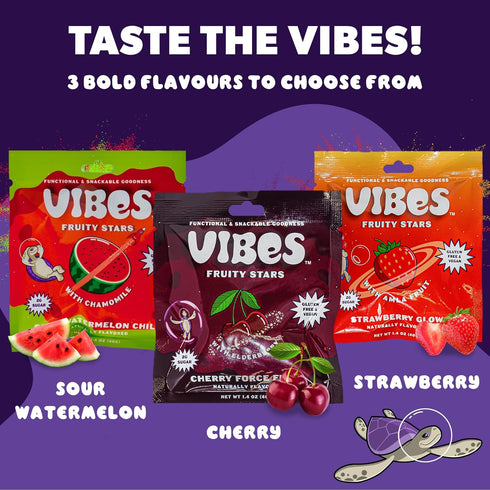 '-2g 6 Packs 18 Gummies VIBES Cherry Force Field Fruity Stars - Delicious Low Calorie Gluten-Free Bulk Fruit Snacks