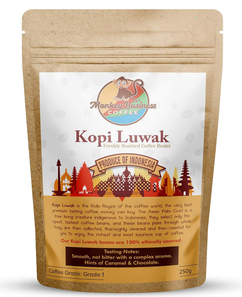 MONKEY BUSINESS COFFEE - Wild Kopi Luwak Coffee Whole Beans - Ethically Sourced - 250