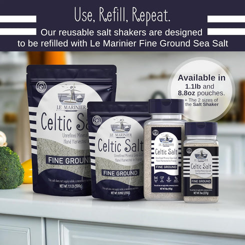 8oz. 100% (8oz Le Marinier Celtic Salt Organic Fine Ground, Mineral Rich Natural and Unrefined. Refillable Salt Shaker.