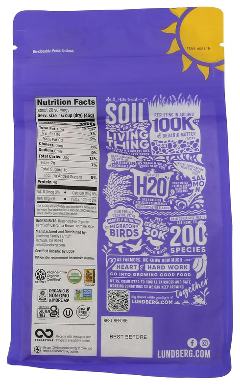 32 Oz Lundberg Organic Jasmine Brown Rice Long-Grain, Fluffy & Aromatic, Responsibly Grown in California