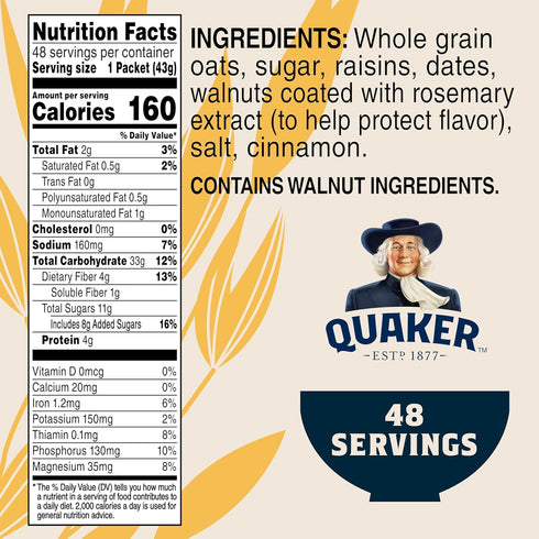Packets, 1.30 (Pack 48) Quaker Instant Oatmeal, Raisin, Date and Walnut, Individual Ounce