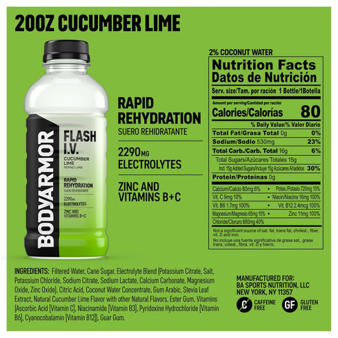 20 Oz (Pack 12) BODYARMOR Flash I.V. Electrolyte Beverage, Cucumber Lime, Hydration Drink with Coconut Water For Rapid