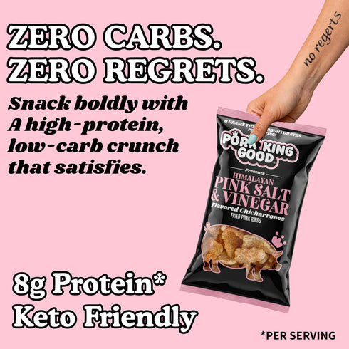 (4 Pack) Pork King Good Himalayan Pink Salt & Vinegar Pork Rinds (Chicharrones) Keto Friendly Snack