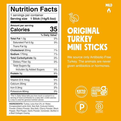 0.5 (Pack 6) CHOMPS MINI Free Range Turkey Jerky Meat Snack Sticks, Original Turkey, Ounce