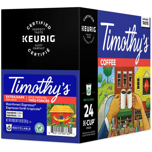 Timothy's World Coffee 96 Count Timothy's Rainforest Espresso, Single-Serve Keurig K-Cup Pods, Extra Dark Roast Coffee