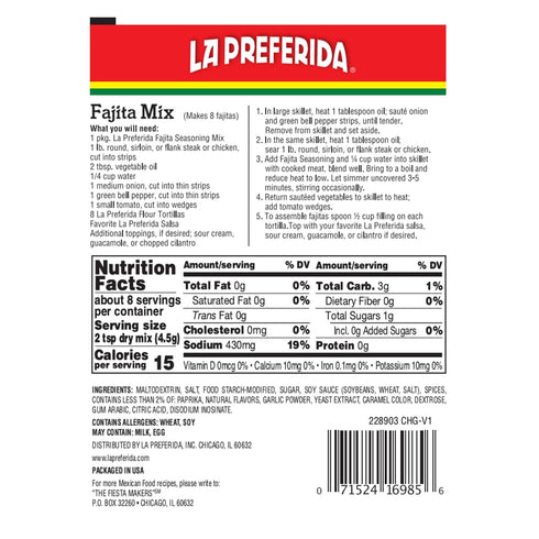 La Preferida Fajita Seasoning Mix (Bold Tex-Mex Spice Blend) for Chicken, Veggies & Steak – No MSG, Pack of 6.