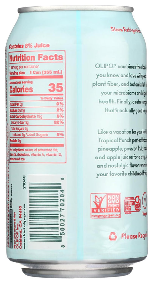 Packed 12oz OLIPOP Prebiotic Soda Pop, Tropical Punch, A New Kind of Soda with Prebiotics, Fiber, and Botanicals
