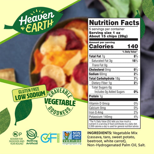 5oz (2 Pack) Heaven & Earth Veggie Chips, Vegetable Medley chips, Gluten Free | Non GMO | Low Sodium | Thin & Crisp