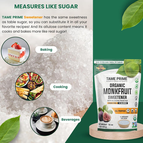 1 lb (454 1:1 0 0 Tame prime USDA Organic Monkfruit sweetener with Allulose from figs, g), sweet like sugar, organic