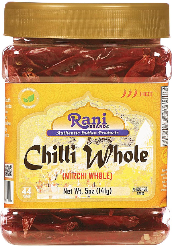 Rani Chilli Whole (Lal Mirch Sabut), 5oz (141g) PET Jar - All Natural, Vegan, Gluten Friendly