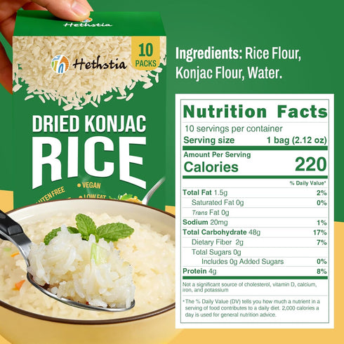 10 2.12oz Packs Hethstia Dried Shirataki Rice, Vegan Konjac Dry Rice, Diet-Friendly Instant Healthy Meal, Gluten Free