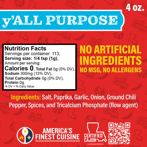 4 oz Pack 4 Ragin' Cajun y'ALL PURPOSE Seasoning - Shaker, of - Low Sodium, No MSG - Mild Louisiana Cajun Spice