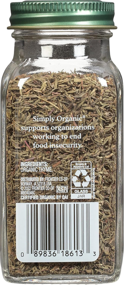 Simply Organic Whole Thyme Leaf, 0.78 Ounce Jar, Non GMO, Kosher, Woodsy, Herbaceous, Aromatic