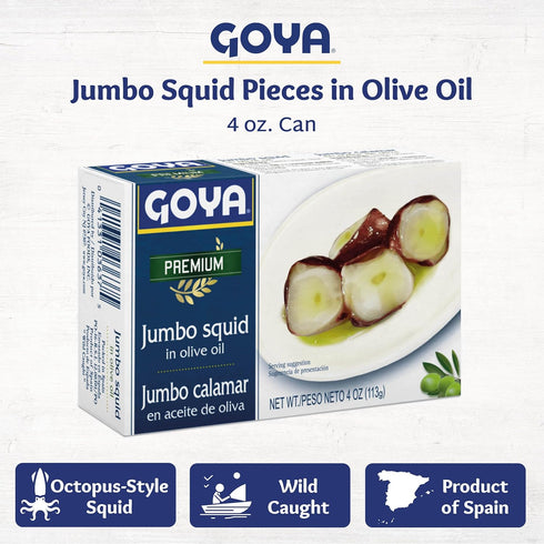4 oz (Pack 6), Goya Premium Jumbo Squid Octopus Style in Olive Oil, Cans of Mediterranean-Style Seafood, Ready-to-Eat