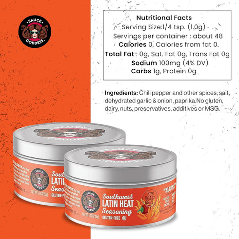 Sauce Goddess Latin Heat Mexican Spice Blend - Flavorful Seasonings for Cooking, Grilling, BBQ Rub - 2 (1.75g) Tin Cans