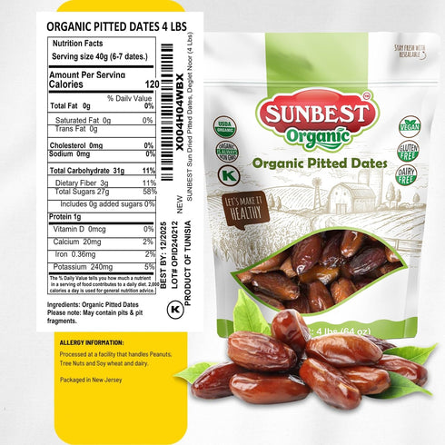 4 lbs (64 oz) Sunbest Natural Deglet Noor Organic Dates, Pitted & Whole Bulk Dried Fruit Snack For Kids & Adults